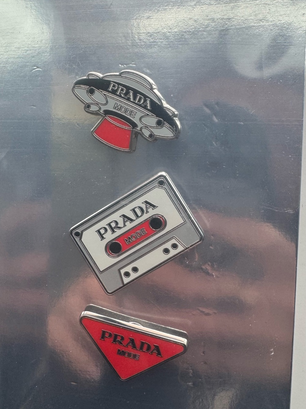 NWT Prada Logo Enamel Pin Set in Silver and Red